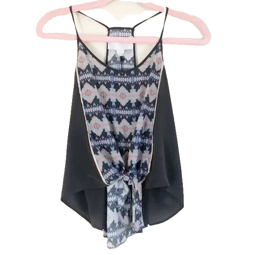 MORGAN CARPER Black/Multi Abstract Racer Back 100% Silk Knotted Cami Tank Sz M